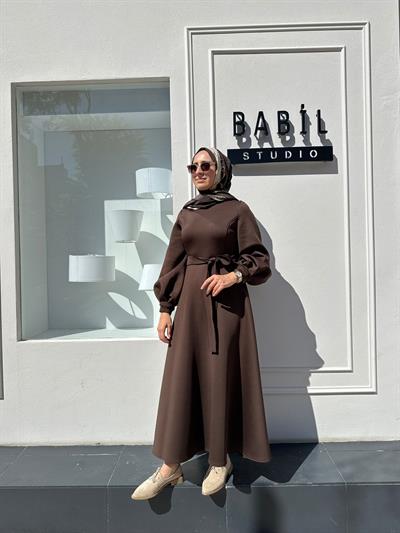 TD3428 Carol Puf Kadın Elbise Acı Kahve