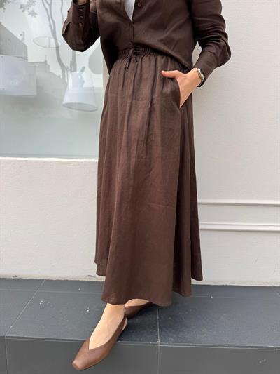 TD3553 Keten Kloş Kadın Etek Acı Kahve