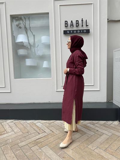 TD3558 Keten Uzun Kadın Gömlek Bordo