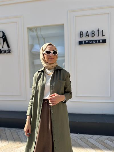 TD3558 Keten Uzun Kadın Gömlek Haki Yeşil