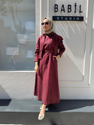 TD3562 Natural Keten Kolsuz Keten Elbise Bordo