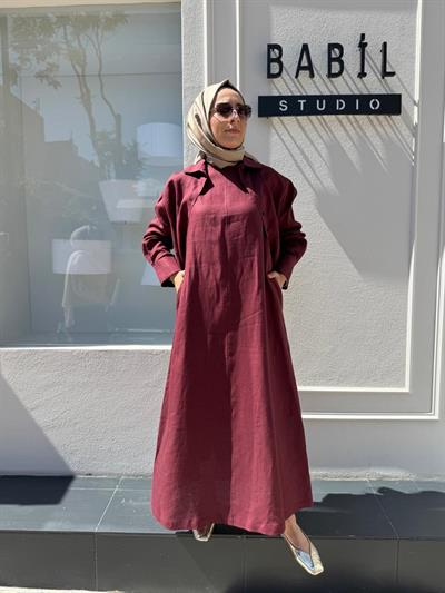 TD3562 Natural Keten Kolsuz Keten Elbise Bordo