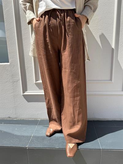 TD3574 Bol Paça Keten Kadın Pantolon Acı Kahve
