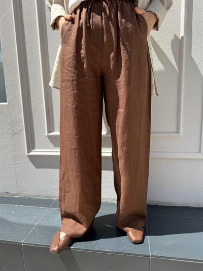 TD3574 Bol Paça Keten Kadın Pantolon Acı Kahve