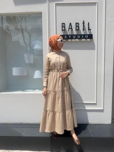 TD3577 Keten Dilim Detaylı Kadın Elbise Camel