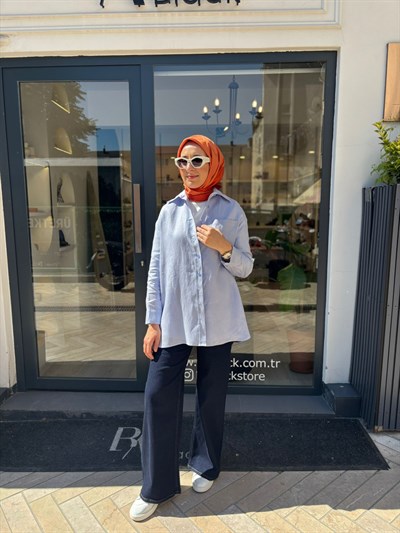 TD3652 Keten Basic Kadın Gömlek Bebek Mavi