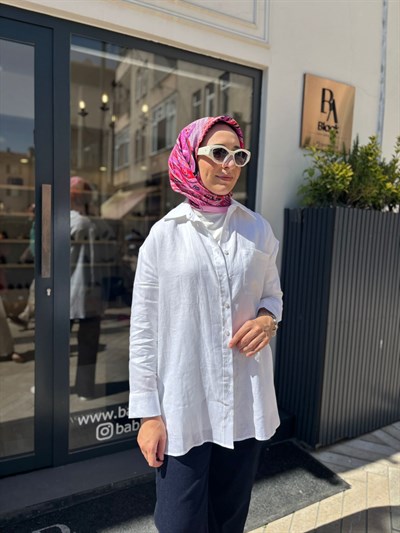TD3652 Keten Basic Kadın Gömlek Beyaz