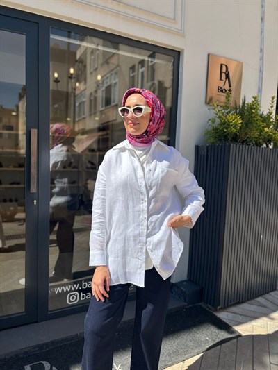 TD3652 Keten Basic Kadın Gömlek Beyaz