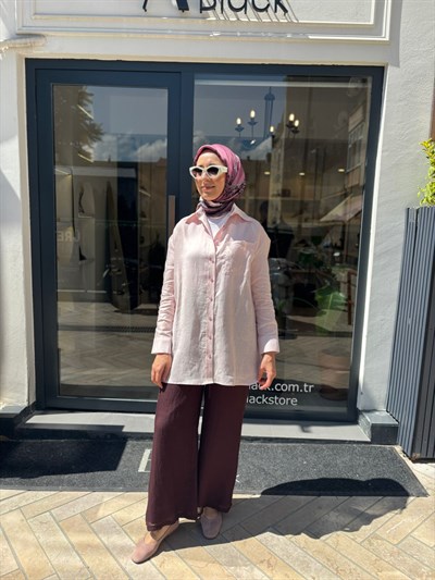 TD3652 Keten Basic Kadın Gömlek Pudra Pembe