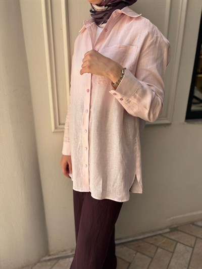 TD3652 Keten Basic Kadın Gömlek Pudra Pembe