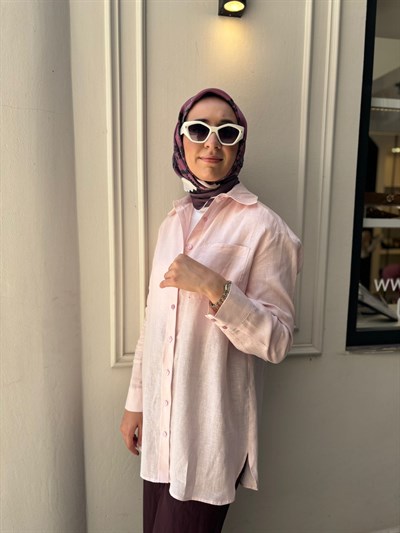 TD3652 Keten Basic Kadın Gömlek Pudra Pembe