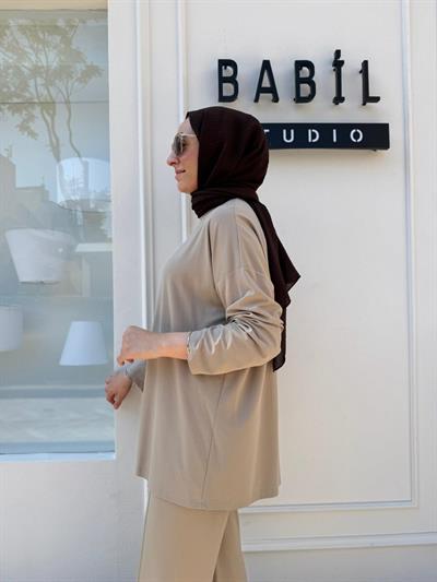 TD3852 Modal Penye Kumaş Basic Kadın Takım Vizon