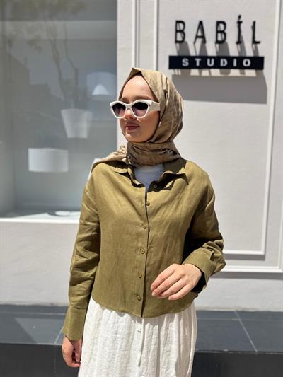 TD3682 Kısa Kadın Gömlek Haki Yeşil