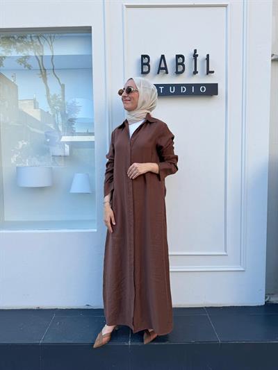 TD3705 Yakalı Kadın Gömlek Elbise Kahve
