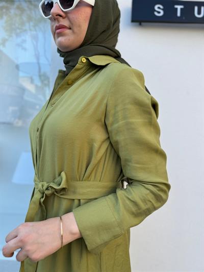 TD3705 Yakalı Kadın Gömlek Elbise Yağ Yeşili