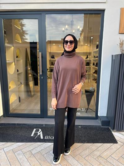 TD3876 Voleta Boğazlı Kadın Tunik Kahve