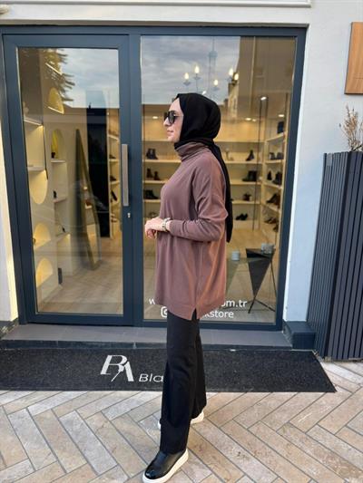 TD3876 Voleta Boğazlı Kadın Tunik Kahve
