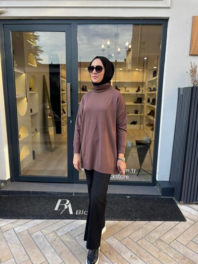 TD3876 Voleta Boğazlı Kadın Tunik Kahve