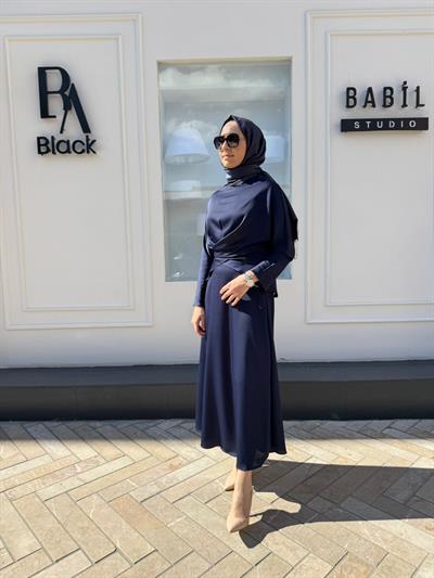 TD4017 Saten Bağlamalı Etekli Kadın Takım Lacivert
