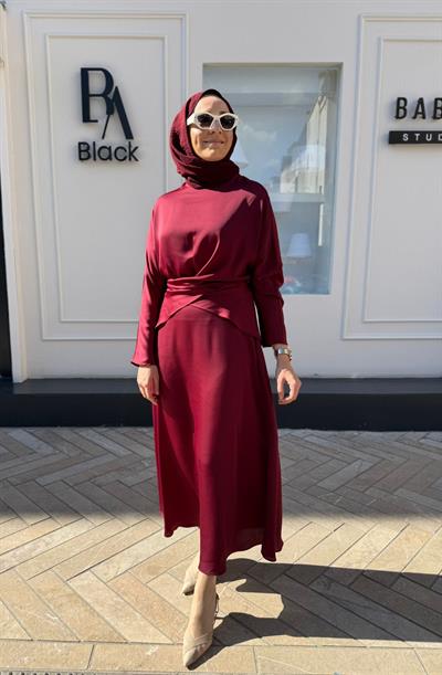 TD4017 Saten Bağlamalı Etekli Kadın Takım Bordo