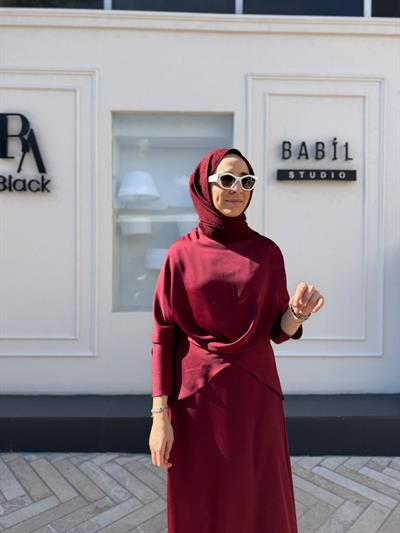 TD4017 Saten Bağlamalı Etekli Kadın Takım Bordo