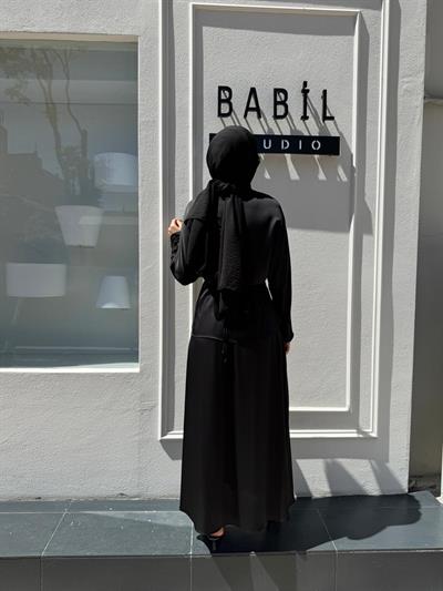 TD4017 Saten Bağlamalı Etekli Kadın Takım Siyah