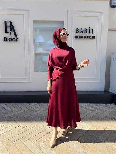 TD4017 Saten Bağlamalı Etekli Kadın Takım Bordo