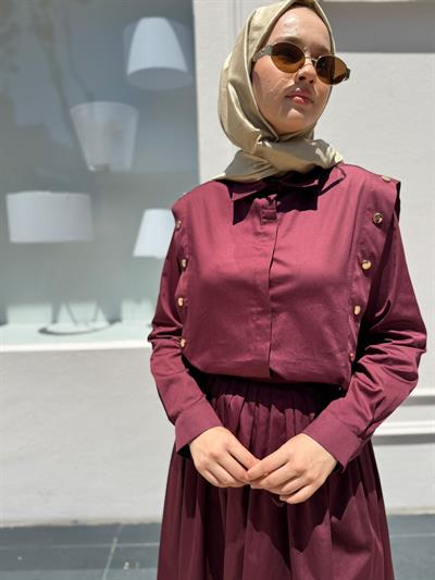 TD4045 Düğme Detaylı Koton Etekli Takım Bordo