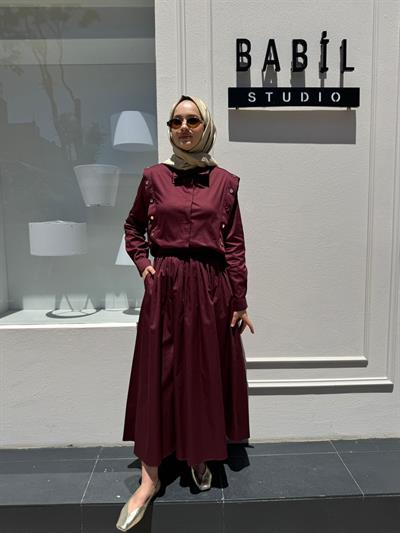 TD4045 Düğme Detaylı Koton Etekli Takım Bordo
