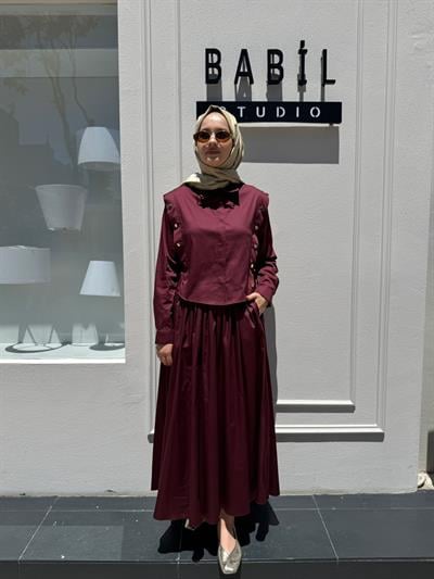 TD4045 Düğme Detaylı Koton Etekli Takım Bordo