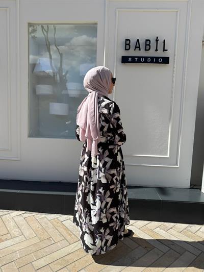 TD4069 Desenli Yaz Kadın Elbise Siyah Baskılı