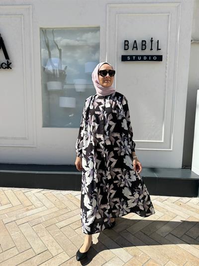 TD4069 Desenli Yaz Kadın Elbise Siyah Baskılı