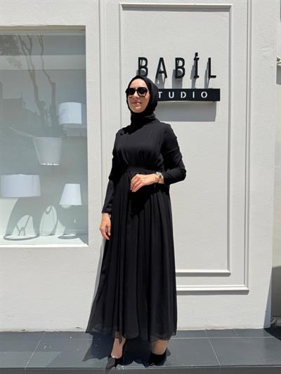 TD4104 Beli Lastikli Dokulu Kadın Elbise Siyah