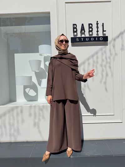 TD41118 Eva Krep Şallı Kadın Takım Kahve