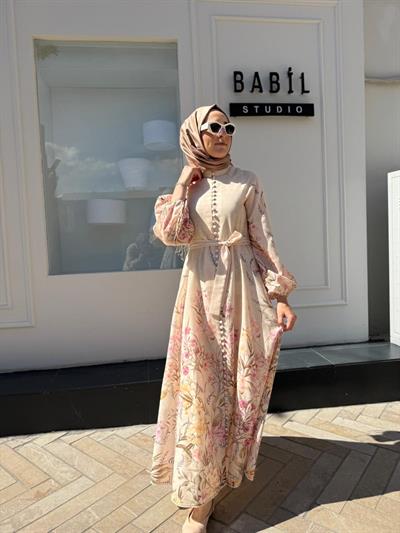 TD4149 Desenli Britli Keten Kadın Elbise Bej