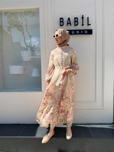 TD4149 Desenli Britli Keten Kadın Elbise Bej