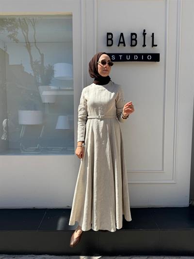 TD4169 Bel Oturtmalı Kadın Keten Elbise NATURAL
