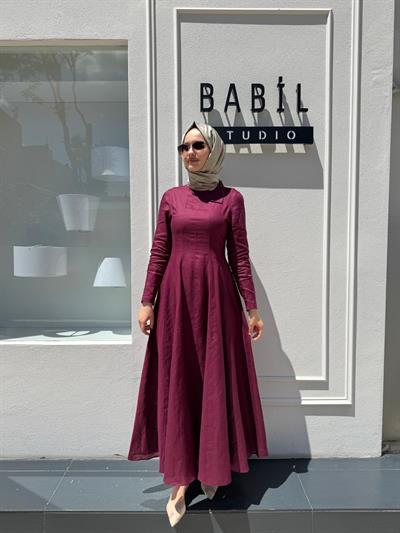 TD4169 Bel Oturtmalı Kadın Keten Elbise Bordo