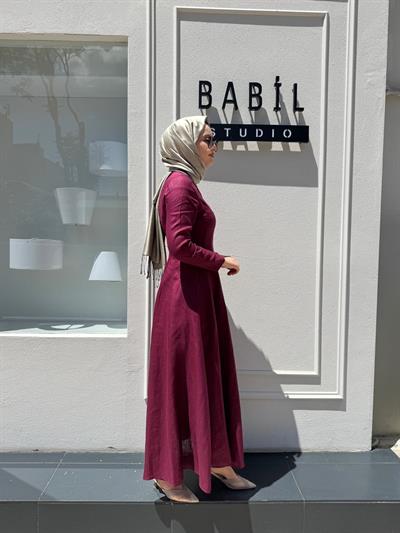 TD4169 Bel Oturtmalı Kadın Keten Elbise Bordo