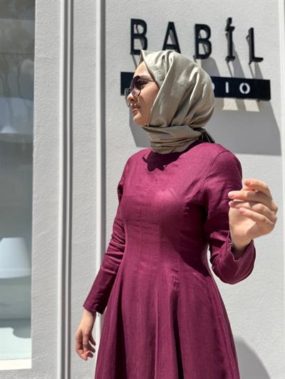 TD4169 Bel Oturtmalı Kadın Keten Elbise Bordo
