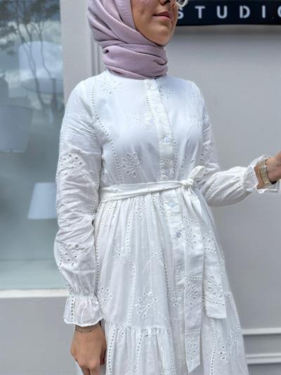 TD4183 Pamuk Kadın Brode Elbise Beyaz