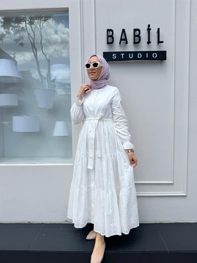 TD4183 Pamuk Kadın Brode Elbise Beyaz