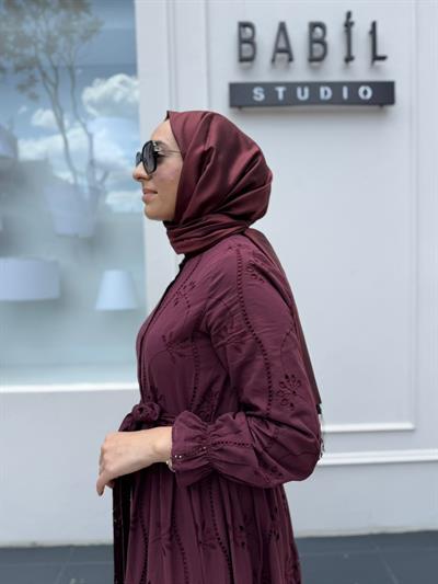 TD4183 Pamuk Kadın Brode Elbise Bordo
