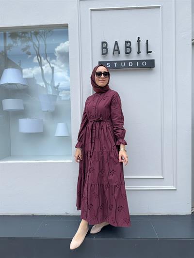 TD4183 Pamuk Kadın Brode Elbise Bordo