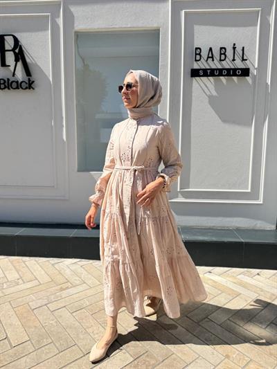TD4183 Pamuk Kadın Brode Elbise Pudra Pembe
