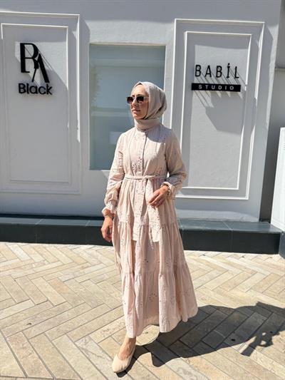 TD4183 Pamuk Kadın Brode Elbise Pudra Pembe