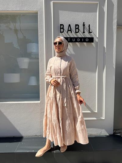 TD4183 Pamuk Kadın Brode Elbise Pudra Pembe