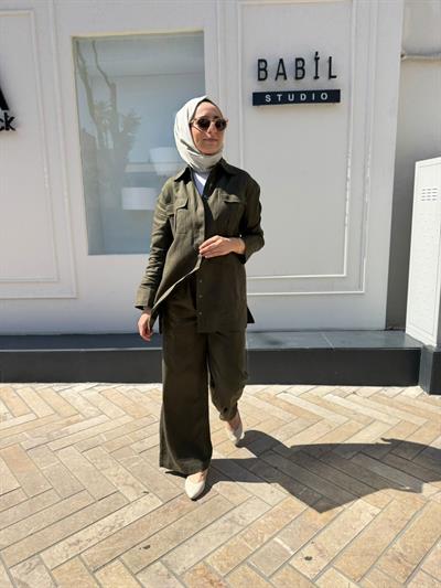 TD4187 Keten Cepli Kadın Gömlek Haki Yeşil