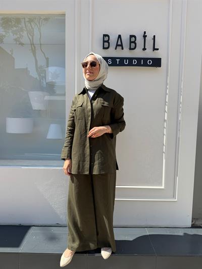 TD4187 Keten Cepli Kadın Gömlek Haki Yeşil