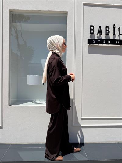 TD42311 Gömlek Yaka Pantolonlu Kadın Takım Kahve